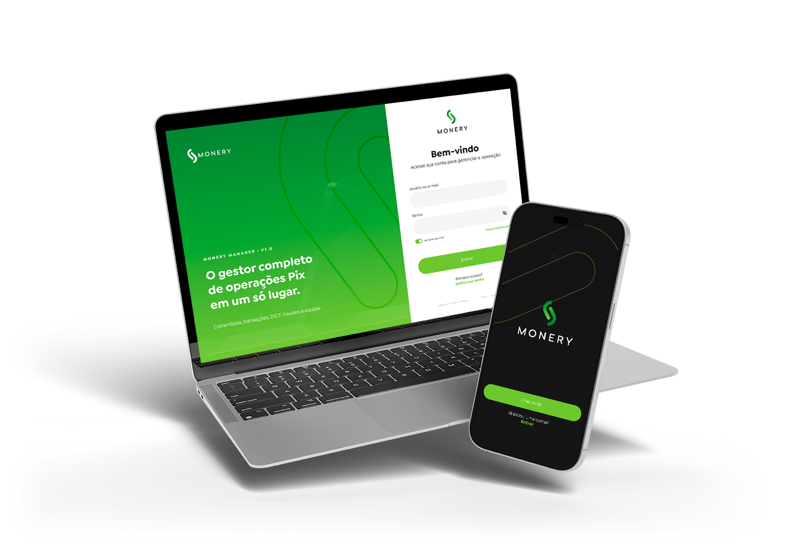 Monery em notebook e smartphone: tela de acesso do Monery Manager e tela inicial do aplicativo.